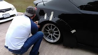 Slammed Scion Tc  DIY Clinched rear fender flare Wide Body test fit Pt 1 [upl. by Ajnos]