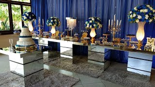 Decoração de casamento com mesas espelhadas azul com detalhes dourado [upl. by Bambi]