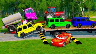 TRANSPORTING PIXAR CARS amp FRUITS WITH COLORED amp JOHN DEERE vs CLAAS vs TRACTORS  BeamNGdrive 983 [upl. by Larrie657]