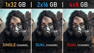 1x32GB vs 2x16GB vs 4x8GB RAM  Single vs Dual Channel  1080P 1440P and 4K Tests [upl. by Filiano66]