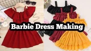 Barbie Cold Shoulder Ruffil Trim Dress Making ll Barbie Dress Making ll [upl. by Ladnek]