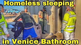 Homeless still sleeping in Venice Beach Bathroom  Venice Beach clean up Update [upl. by Yxor]