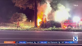 Driver hospitalized after fiery crash in Woodland Hills [upl. by Xanthus]