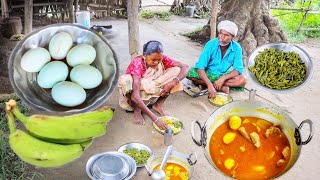 DUCK EGG CURRY with RAW BANANA and vegetable fry cookingampeating by our santali grand maa [upl. by Sarita]