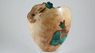 Large handmade wooden urn of Ash with green minerals and on top Dioptase [upl. by Gainor]