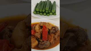 PORK ADOBO AND CHICKEN LIVER SA ATSUETE SIDE DISH OKRA BAGOONG ilonggoversion cooking [upl. by Epoh]