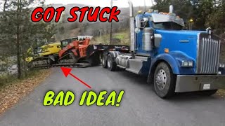 Lowboy gets stuck in the middle of road Mountain Climb Towing Heavy Equipment [upl. by Haberman]