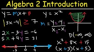 Algebra 2 Introduction Basic Review Factoring Slope Absolute Value Linear Quadratic Equations [upl. by Luttrell]