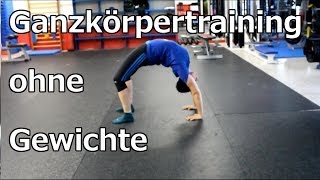 Ganzkörpertraining ohne Geräte  Liegestütze Klimmzüge Kniebeuge Brücke [upl. by Sabina47]