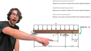 Determine the normal force shear force and moment at points C and D in the beam  77 [upl. by Mairb]