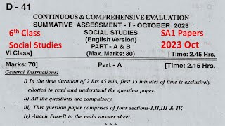 6th class SA1 Social 2023  2024 EM exam question paper Social Studies Paper Telangana TG TS Key [upl. by Motteo]