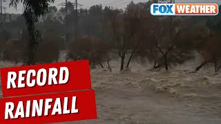 Record Rainfall Flooding Roads Causing Mudslides In Los Angeles During Atmospheric Storm [upl. by Ttezil707]