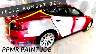 Spraying difficult Sunset Red Pearl Paint job on Tesla Model S  PPMR PMMR Transparent RED [upl. by Gillian]