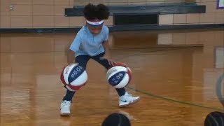 9yearold sensation joins Harlem Globetrotters at school in Brooklyn [upl. by Eitirahc]