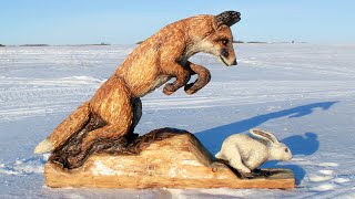 Watch a Chainsaw Artist Carve an Epic Artwork From a Log  “Survival” Fox amp Rabbit Chase Sculpture [upl. by Chen]