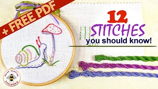 12 hand embroidery stitches all beginners should know Free design to practice on [upl. by Hailahk]