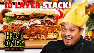 Hot Ones Thanksgiving Sandwich 10 LOADED Layers of Leftovers  Hot Kitchen [upl. by Eilyr476]