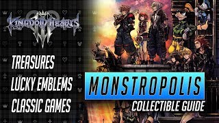 Kingdom Hearts 3  Monstropolis Collectible Guide  All Treasures Lucky Emblems and Games [upl. by Galang57]