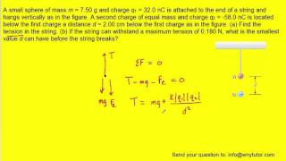 A small sphere of mass m  750 g and charge q1  320 nC is attached to the end of a string and han [upl. by Chud]