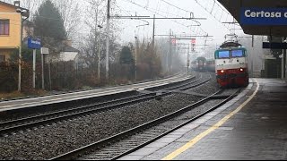 FS E402 quotThelloquot E444 058 and Ale 582 Transit trains at Certosa di Pavia station [upl. by Llorrac]