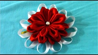 Flores Kanzashi hermosas rojas y blancas en tres capas [upl. by Klotz]