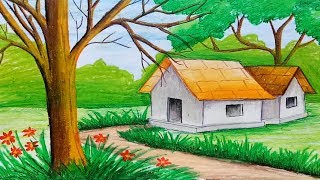 How to draw landscape with oil pastel step by step very simple amp easy [upl. by Leanne199]