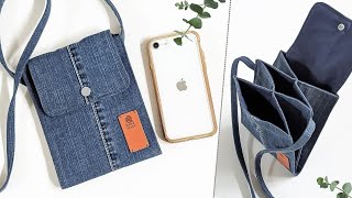 DIY Easy Mini Denim Phone Crossbody Bag Out of Old Jeans  Bag Tutorial  Upcycle Craft [upl. by Rolanda628]