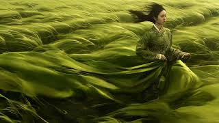 A woman dancing in a meadow with a green dress billowing in the strong wind [upl. by Atnuahc]