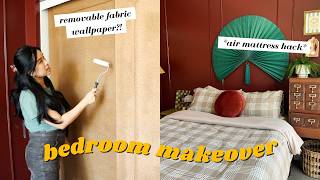 SMALL BEDROOM MAKEOVER  apartment and renterfriendly fabric wallpaper  IKEA hack [upl. by Delahk]