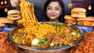 SPICY SCHEZWAN MUTTON CURRY NOODLES AND CHICKEN BURGERS WITH BUTTER CHICKEN  ASMR EATING SHOW [upl. by Alian]