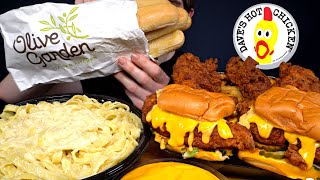 ASMR MUKBANG DAVES HOT CHICKEN BURGERS amp FRIES amp CREAMY ALFREDO PASTA  BREADSTICKS  WITH CHEESE [upl. by Whetstone]