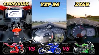 Honda CBR600RR 🆚️ Yamaha YZF R6 🆚️ Kawasaki ZX6R  Top Speed Attempt 🔥r6 zx6r cbr600rr [upl. by Ecniuq868]