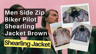 Men Side Zip Biker Pilot Shearling Jacket Brown [upl. by Tarabar]