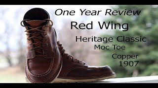 One Year Review on the Red Wing 1907 Classic Moc Toe Boots  Copper [upl. by Puett524]