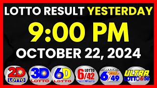 Lotto Result Yesterday PCSO 9PM Draw October 22 2024  PCSO Lotto 2D 3D Swertres6D 642 649 658 [upl. by Ruella]