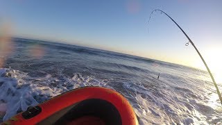 CRAZY ANGLER Surf Fishing in an INFLATABLE RAFT  Big Jacksmelt [upl. by Nagiem]