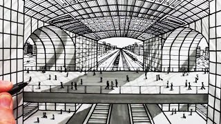 How to Draw 1Point Perspective Modern Station Architecture [upl. by Erny]