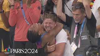 Hunter Woodhall goes WILD for wife Tara during long jump final  Paris Olympics  NBC Sports [upl. by Nylesoy]