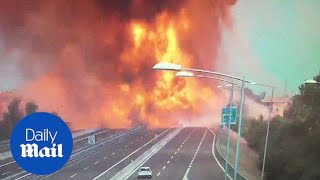 CCTV captures moment tanker truck explodes in Italy [upl. by Aramois]