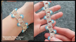 Su damlası bileklik yapımı Water drop bracelet making with bugle and pearl beads Beading tutorial [upl. by Olmstead]