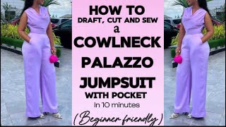 How to DRAFT CUT AND SEW a Cowlneck Jumpsuit in 10mins  Beginner friendly  full tutorial [upl. by Dwayne]