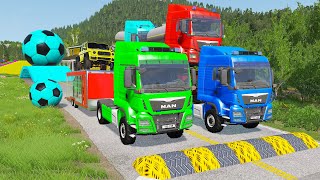 Double Flatbed Trailer Truck vs Speedbumps Train vs Cars  Tractor vs Train BeamngDrive 058 [upl. by Ynnub281]