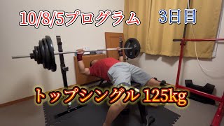 トップシングル 125kg 1085プログラム【103】【1周目】 ベンチプレス [upl. by Kcinomod]