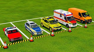 TRANSPORTING POLICE AMBULANCE TESLA CHEVROLET CARS amp VOLKSWAGEN POLICE  Farming Simulator 22 [upl. by Tarrsus]