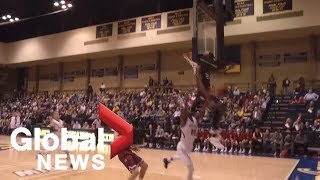 College basketball player gets obliterated by backboard still makes incredible block [upl. by Mich]