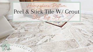 How To Install PEEL AND STICK VINYL FLOORING W Grout  Herringbone Tile Bathroom Floor [upl. by Husain]