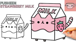 How To Draw Pusheen Cat  Strawberry Milk Carton  Cute Easy Step By Step Drawing Tutorial [upl. by Lyret169]