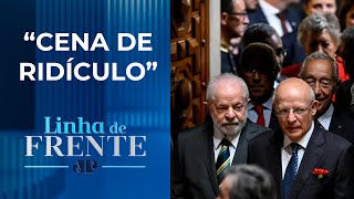 Lula é alvo de protestos no Parlamento português I LINHA DE FRENTE [upl. by Dnomsaj609]