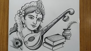 how to draw maa saraswati face with pencil sketchdrawing devi saraswati amp with bina [upl. by Aniuqahs]