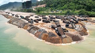 Huge Land Reclamation Process Dump Truck Management Unloading Rock Dirt Bulldozer Pushing Stone [upl. by Dara]